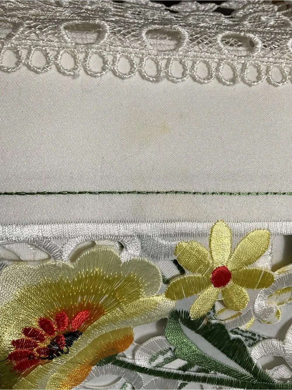 Cream Embroidered Floral Table Runner Cutout Lace - Yellow Flower Detail 50”